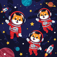 Three happy Shiba Inu dog astronauts float in colorful outer space with planets and rockets