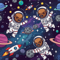Happy cartoon bison astronauts float among planets stars and rockets in space