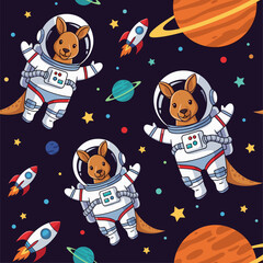 Cute cartoon kangaroos in astronaut suits explore space with planets and rockets Fun childrens pattern