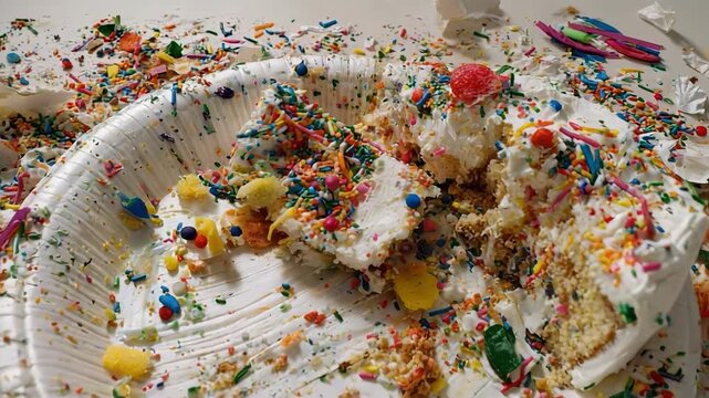 Half-eaten birthday cake on a paper plate, with colorful rainbow sprinkles splattered and crumbs all around.