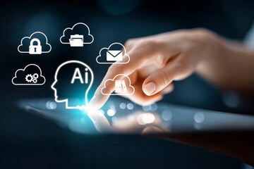 Finger touching tablet with AI and cloud computing icons. Concept of artificial intelligence, smart data management, cloud integration, digital transformation, and futuristic technology. generative ai