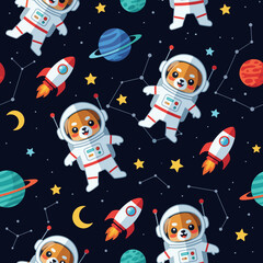 Cute cartoon astronaut dogs rockets and planets in space Fun playful pattern for kids designs