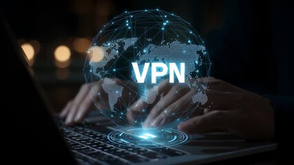 Using a laptop with a virtual private network symbol at night for secure internet browsing