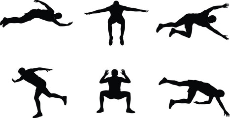 Silhouettes of athletes in motion, dynamic running and jumping poses, black and white sports art, fitness action illustration