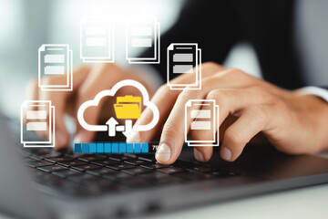 Close-up of hands typing on laptop with cloud storage and file upload icons, representing digital data transfer, online document management, cloud computing, and virtual storage. generative ai