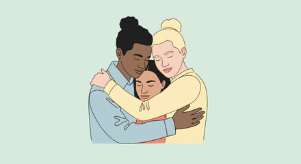An illustration featuring three diverse people embracing, promoting empathy, support, and inclusivity for mental health awareness campaigns and community outreach programs