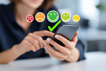 Customer giving feedback on mobile app using emoji rating scale. Satisfaction survey concept with smiley face selection. UX/UI evaluation, service experience, and reviews. generative ai