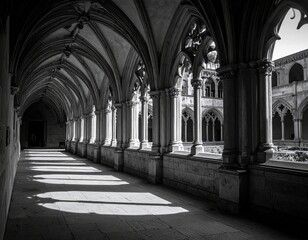 Black and white arched cloister walkway