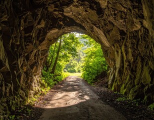 Obraz premium Rocky tunnel opening to a sunlit path through lush foliage