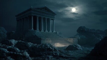 Ancient temple ruin atop rocky terrain illuminated by moonlight under a dark, cloudy sky
