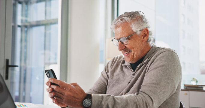Happy, mature and man in office with phone, graphs and data analytics feedback in finance review. Smile, financial analyst and person in workplace with tech, stats report and business growth analysis