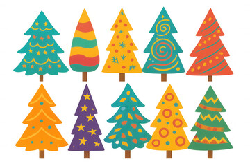 Colorful assorted christmas trees set with festive ornaments, folk art style decorative holiday elements, transparent background