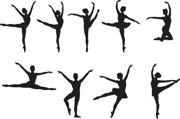 The image displays ten black silhouettes of ballerinas against a plain white background. Each silhouette captures a different classical ballet pose