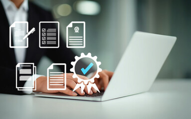 Businessman using laptop for digital document verification, data protection, and online certification process, representing modern paperless workflow in secure cloud systems. generative ai