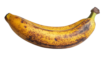 A ripe banana displayed against a black background showing blemishes and brown spots illustrating fruit maturity and texture png isolated on transparent background