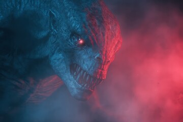 Slimy skinned alien monster with sharp teeth and glowing eyes crawling in mist filled environment, terrifying presence emphasizing fear of unknown, perfect for sci fi entertainment and gaming concept.