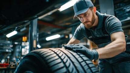 Professional mechanic focused on changing car tire in modern auto repair service center, perfect for automotive maintenance and repair service concept.