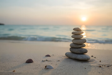Stacked stones balanced on a calm beach with sunrise, balance and wellness concept