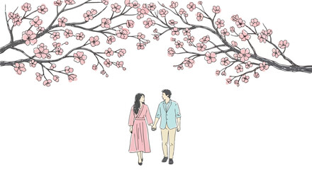 An illustration of a romantic couple holding hands under blooming cherry blossom branches, perfect for springtime greetings, wedding invitations, or delicate stationery design