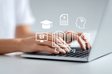 Hands typing on a laptop with e-learning icons overlayed, symbolizing digital education, online learning platforms, knowledge growth, skill development, video tutorials. generative ai