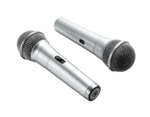 Two silver microphones angled slightly apart