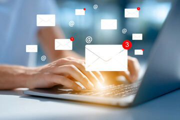 Hands typing on laptop with email icons and new message notifications. Concept of digital communication, inbox management, online messaging, remote work, and email marketing strategy. generative ai