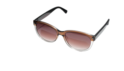 Pair of sunglasses, tinted lenses, and rounded frames