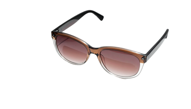 Pair of sunglasses, tinted lenses, and rounded frames
