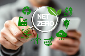 Person holding a magnifying glass highlighting "NET ZERO" surrounded by eco-friendly icons such as recycling, renewable energy, and CO2 reduction. Concept of sustainability and carbon. generative ai