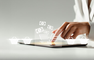 Woman using tablet with virtual shopping cart and money icons, symbolizing online shopping, e-commerce transactions, digital retail, and secure mobile purchasing. generative ai
