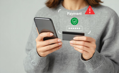 Woman holding smartphone and credit card with digital secure payment UI. Concept of online transaction, mobile banking, password protection, payment alert, financial fraud warning. generative ai