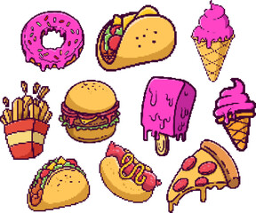Pixel art fast food isolated on white background. Vector illustration