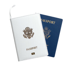 Two passports, one white, one blue, laid atop each other (1)