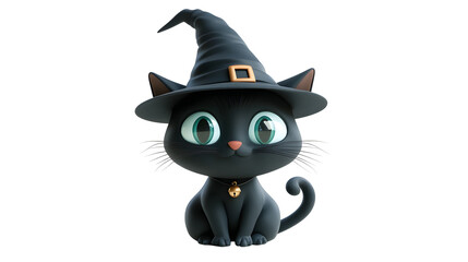 Cute black cat wearing witch hat