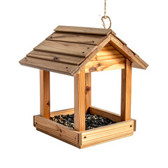 Wooden bird feeder, square shape, hanging from rope, light brown wood, seeds inside