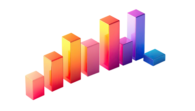 Colorful 3D bar graph, isometric view, vibrant gradient hues - Powered by Adobe
