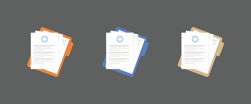 Document icon. Contract papers, paper documents. Folder with stamp and text. Stack of agreements document with signature and approval stamp. Business documents. Folder, stack papers.