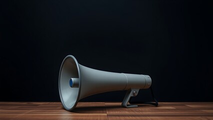 Megaphone placed on a wooden surface against a dark background.