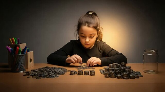 A young girl is focused on counting coins, organizing them into piles on a wooden table, symbolizing financial literacy and early money management skills