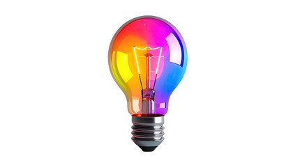 Fototapeta premium A vibrant, multicolored lightbulb against a black background. The bulb displays a gradient of rainbow colors, from red to violet, radiating outward. The filament is visible inside