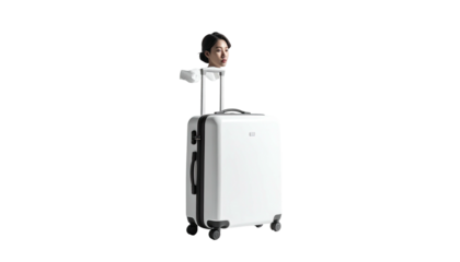 White suitcase with person's head atop