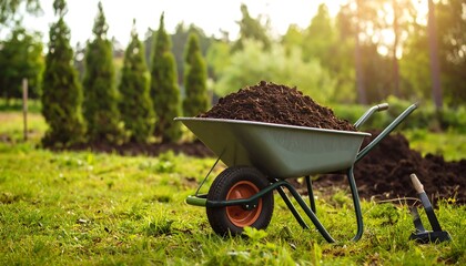Gardening Tools and Soil in Yard.
