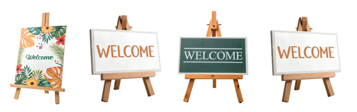 Artistic welcome signs displayed on wooden easels featuring floral designs and text png images isolated on transparent background