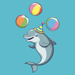 Funny cartoon dolphin wearing a party hat and juggling colorful balls on blue background.