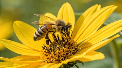Extreme Close Up of Honey Bee on Yellow Sunflower Collecting Pollen in Natural Environment