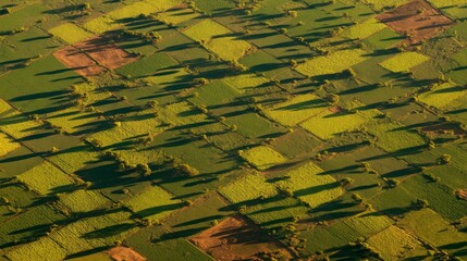 Fototapeta premium Aerial View of Vast Farmland Divided into Green Crop Plots, Symbolizing Sustainable Agriculture and Land Management