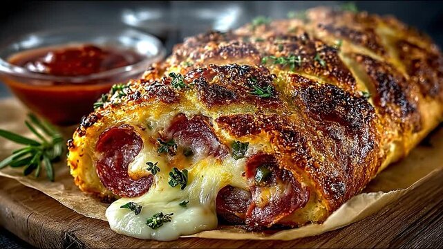 Cheesy bread roll with meat and herbs