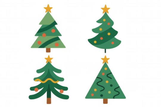 Different christmas trees set. Decorating for winter holiday, celebrating festive season and new year. Vector illustration