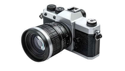 Vintage silver and black camera, lens details