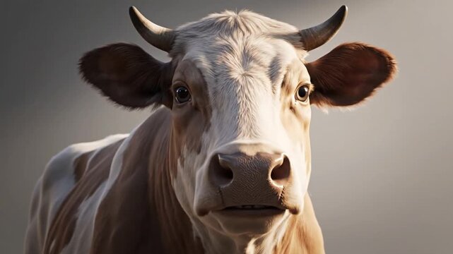 Close-up portrait of a brown and white cow looking directly at the camera with a soft, gradient background.